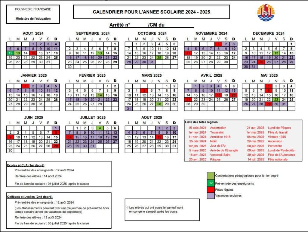 Image Calendrier scolaire 2024-2025