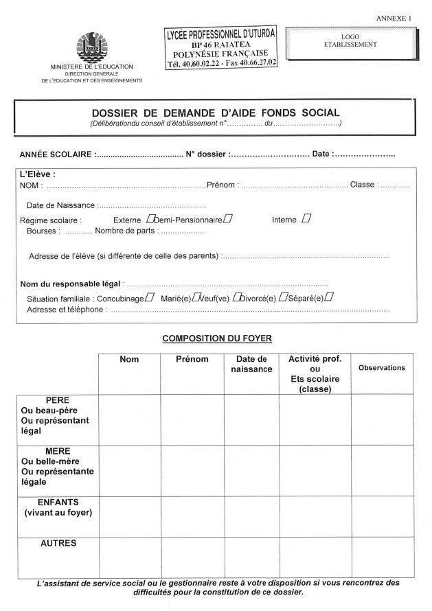 Demande D aides Sociales Lyc e Professionnel D Uturoa