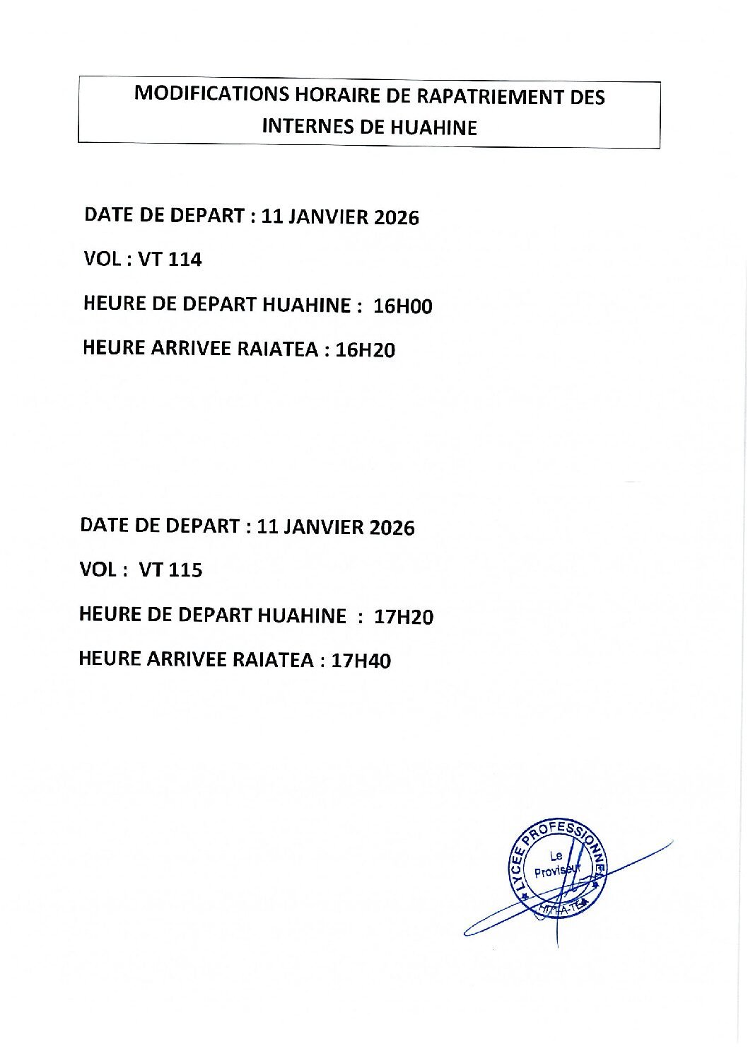 Modification horaire rapatriement Huahine