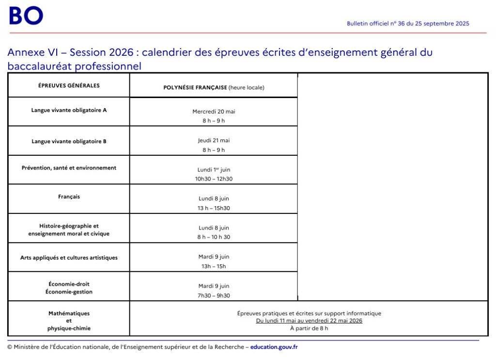 Calendrier des épreuves