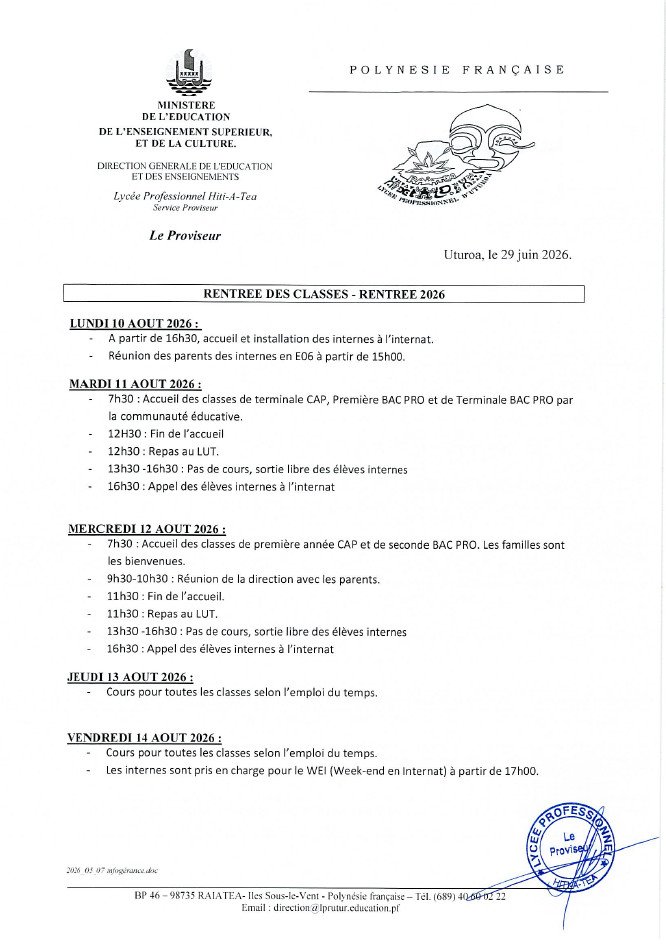 RENTREE DES CLASSES- ANNEE SCOLAIRE 2026-2027